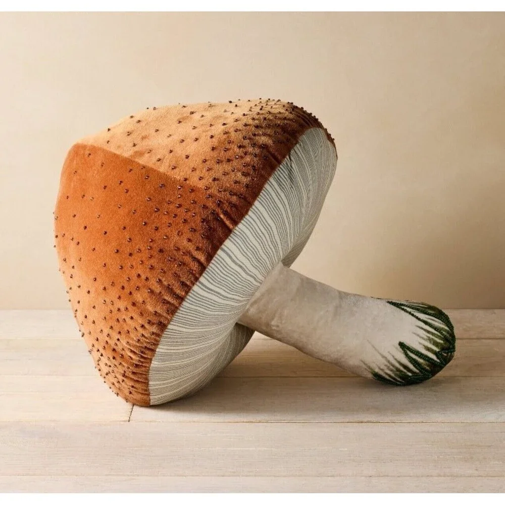 John Derian Target Thanksgiving Beaded Mushroom Plush Pillow Brown 17x14 NEW